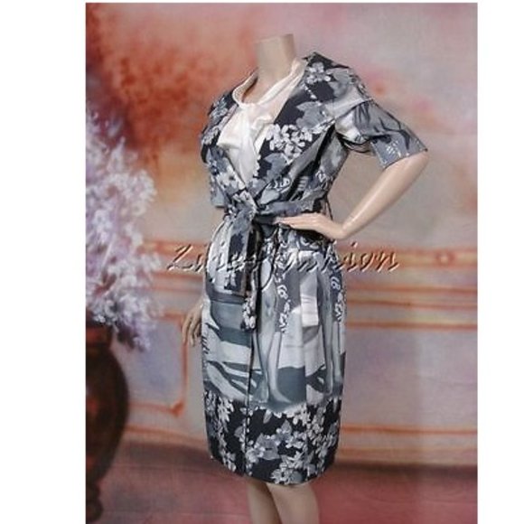 NWT TULEH Floral Hawaiian Art Print Gray Belt Cotton Jacket Coat 10 - Picture 3 of 6